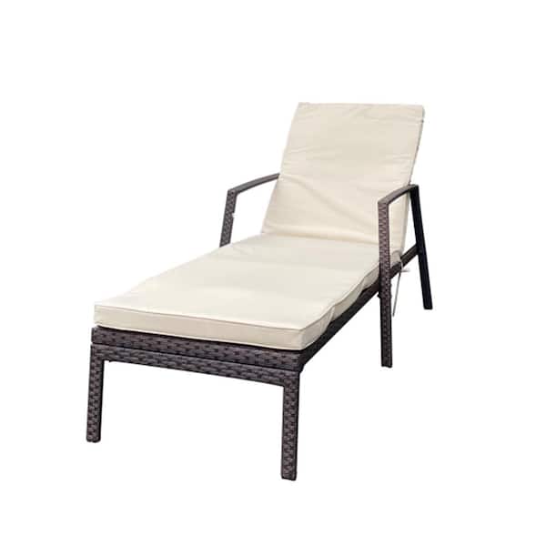 ITOPFOX Outdoor PE Rattan Brown Wicker Patio Lounge Chair with White Cushions
