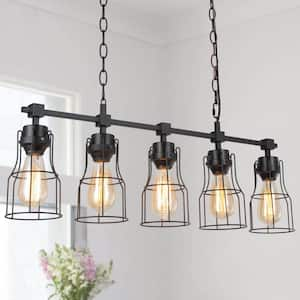 Modern Industrial Black Island Chandelier 5-Light Linear Large Hanging Pendant light with Geometric Metal Cage Shades