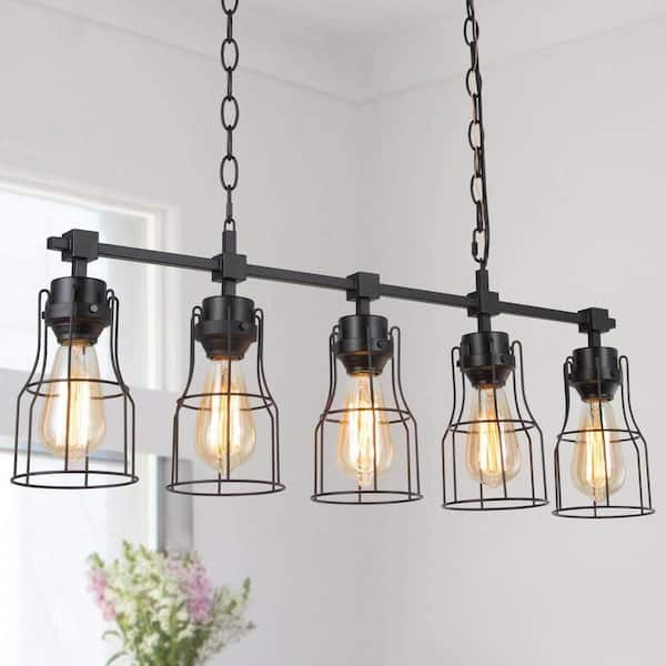 LNC Modern Industrial Black Island Chandelier 5-Light Linear Large Hanging Pendant light with Geometric Metal Cage Shades