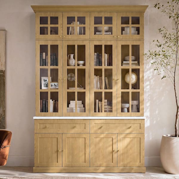 94.5 in. Tall Natural Wood 8-Shelf Standard Bookcase with Glass Doors, 2 Drawers and Lower Cabinets For Living Room