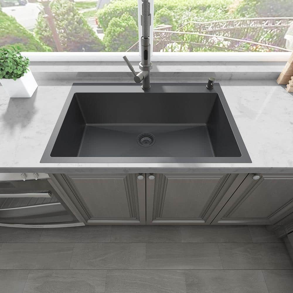 33" Black Stainless Steel Single Bowl Kitchen Sink with Drainboard