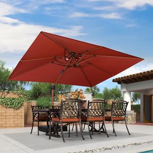 9 ft. x 12 ft. High-Quality Wood Pattern Aluminum Cantilever Polyester Patio Umbrella with Wheels Base, Brick Red