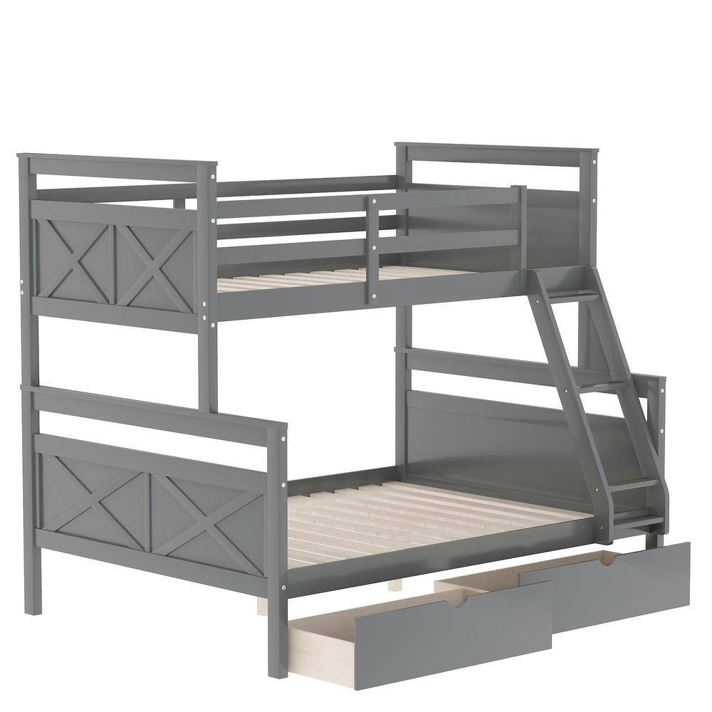 Gray Twin Over Full Pine Wood Bunk Bed with Storage Drawers