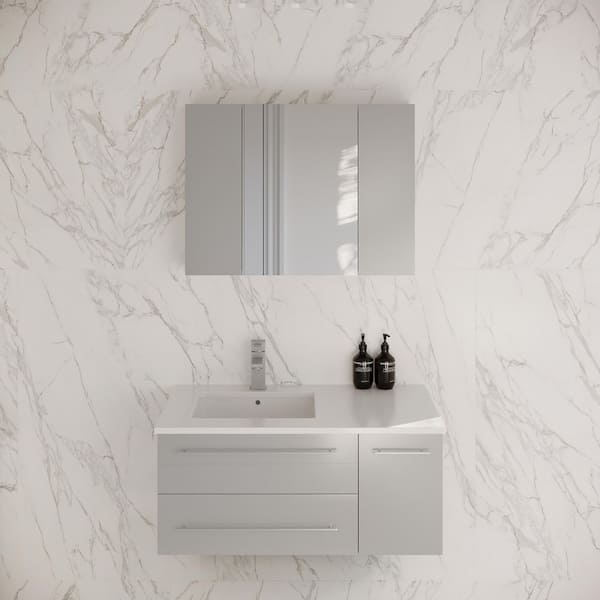 Lucera 36 in. Single Sink Wall Mount Gray Bath Vanity with White Quartz Top, Undermount Left Sink and Medicine Cabinet