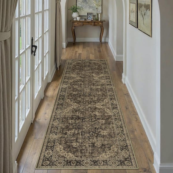Goodberg 2 ft. X 8 ft. Brown Vintage Medallion Distressed Runner Rug
