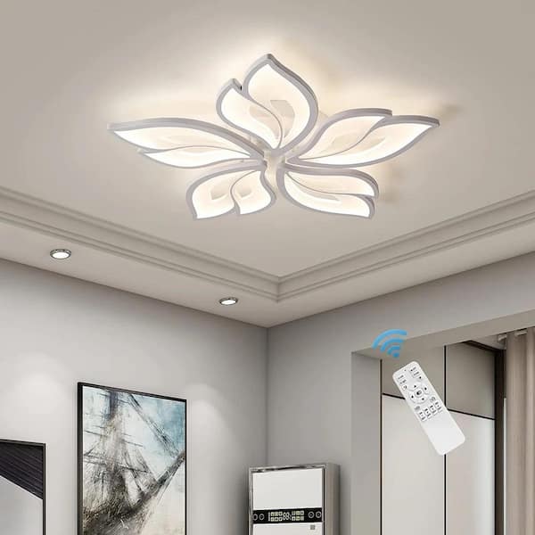 23.6 in. 60-Watt Modern White Flower Dimmable Integrated LED Flush Mount with Acrylic Shade and Remote for Bedroom