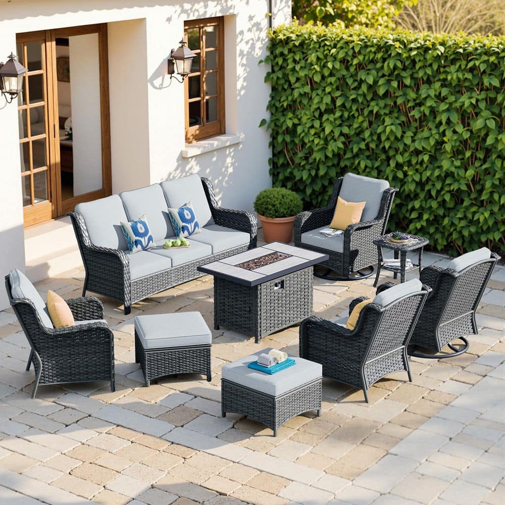 Joyoung Gray 9-Piece Wicker Patio Rectangle Fire Pit Conversation Set with Gray Cushions and Swivel Chairs price history on PriceWatchPro