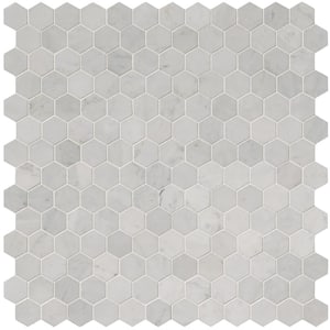 Carrara White Hexagon 4 in. x 4 in. x 10 mm Polished Marble Mesh-Mounted Mosaic Tile - 4 in. x 4 in. Tile Sample