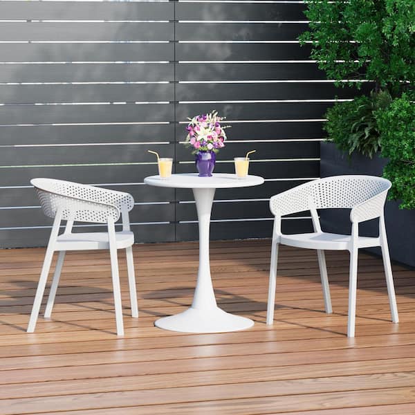 Frond and Form Outdoor Patio Poly Plastic Stacking Curved Back Dining Armchair (Set of 2), White