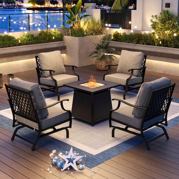 PHI VILLA 4 Seat 5-Piece Metal Steel Outdoor Patio Conversation Set with Gray Cushion, Rocking Chairs, Square Fire Pit Table