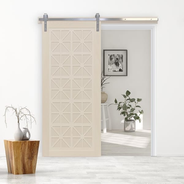 36 in. x 84 in. Lucy in the Sky Parchment Wood Sliding Barn Door with Hardware Kit in Black