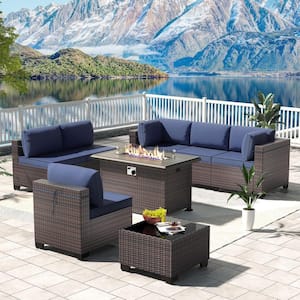 8-Piece Wicker Patio Conversation Set with 55000 BTU Gas Fire Pit Table and Glass Coffee Table and Navy Cushions