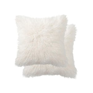 Set of 2 Soft Faux Fur Plush Ivory Decorative Throw Pillows