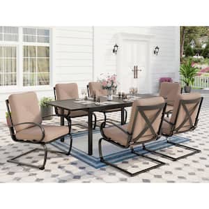 7-Piece Metal Patio Outdoor Dining Set with Rectangle Extensible Table and C-Spring Chair with Beige Cushions