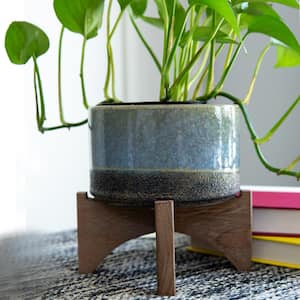5.1 in. Blue Ceramic Lava Pot on Wood Stand Mid-Century Planter
