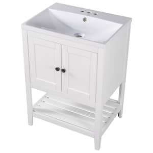 24 in. W x 18 in. D x 34 in. H Bath Vanity in White with White Ceramic Single sink and Top with 3 Faucet Holes