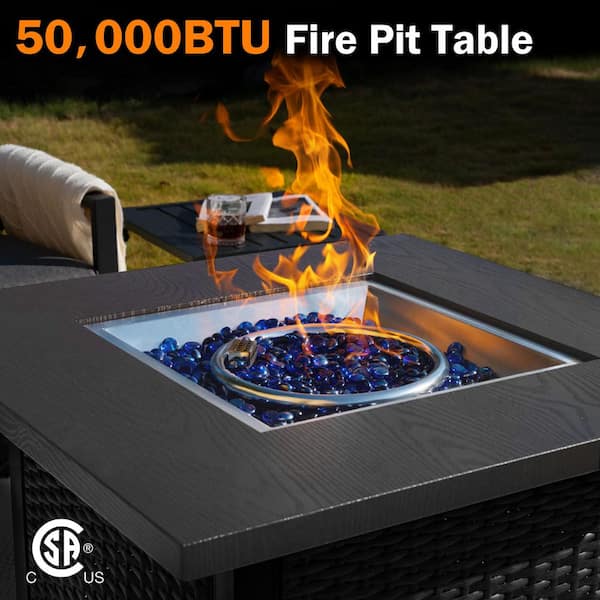 28 in. 50,000 BTU Wicker Outdoor Propane Fire Pit Table with Removable Lid, Rain Cover, Gray