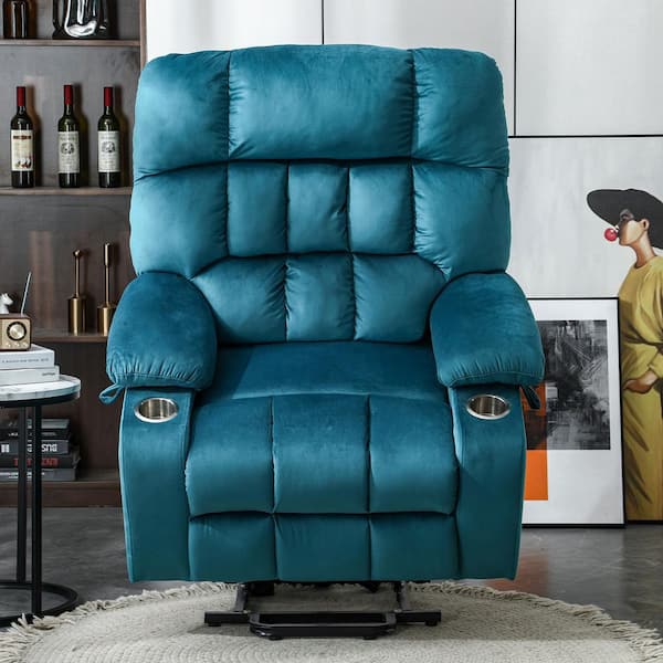 Blue Green Velvet Oversized Electric Power Lift Recliner Chair with Massage and Heating, Living Room Relax Sofa
