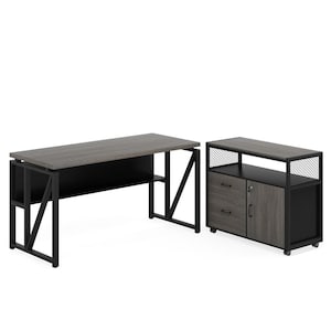 Lanita 55.1 in L Shaped Desk Gray Engineered Wood 2-Drawer Computer Desk with File Cabinet
