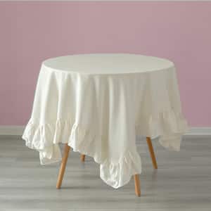 52 in. x 70 in. Rectangle White 100% Pure Linen Washable Tablecloth with Ruffle Trim