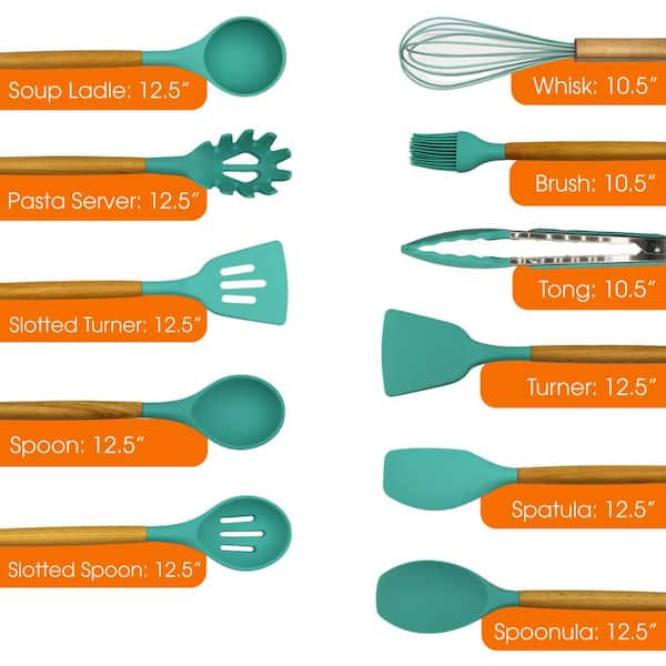BYBLIGHT 12-Piece Aqua Silicone Utensil Spatula Set with Wooden