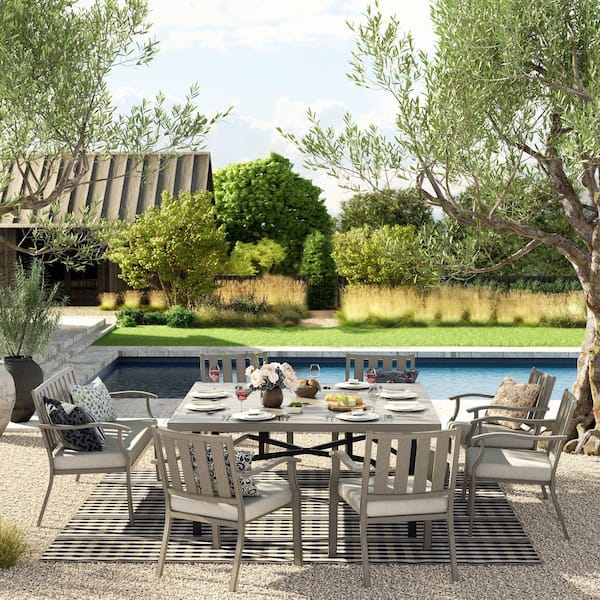 AZUR 8-Piece Aluminum Outdoor Dining Set with Echo Dune Sunbrella Cushions