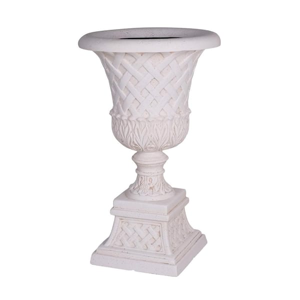 26.5 in. H. Light Aged White Cast Stone Fiberglass Lattice Urn and Pedestal