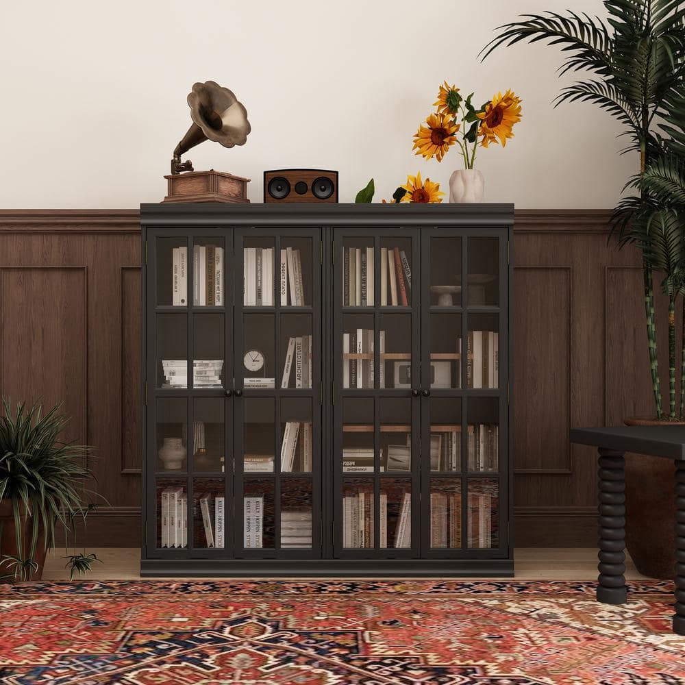 47.4 in. Tall Black Wood 8-Shelf Standard Bookcase Bookshelf Display Cabinet With Tempered Glass Doors