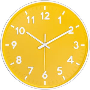 12 in. Yellow Analog Wall Clock Silent Non-Ticking Battery Operated 3D Number Modern Style for Bedroom and Living Room