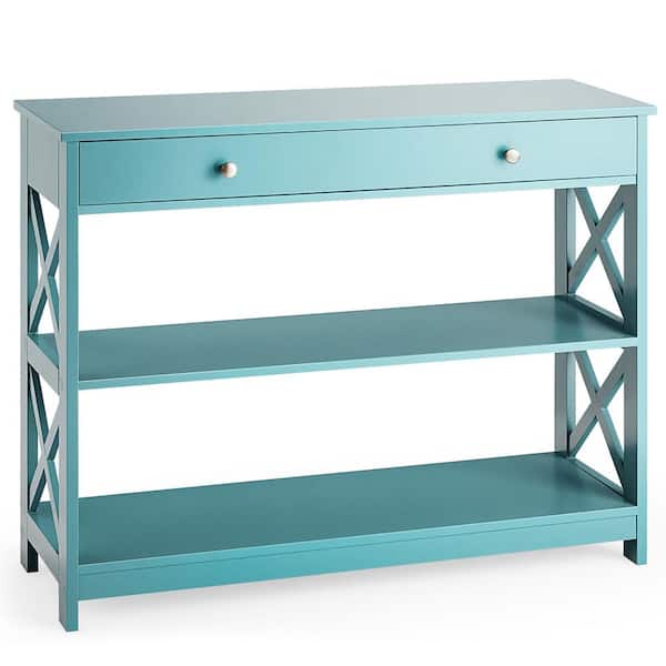 Costway 39 in. Turquoise 31 in. Rectangle 3-Tier Wood Console Table X-Design Sofa Entryway Table with Drawer and Shelves