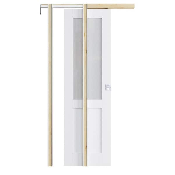ARK DESIGN 24 in. x 80 in. 1/2 Lite Glass Primed White Pocket Door Kit with Frame and Hardware (Soft Close and Silver Lock Incl)