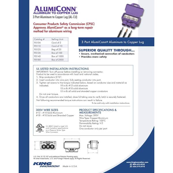 King Innovation 95110 300v Purple 3-port Aluminum to Copper Lug Wire Connector for sale online 