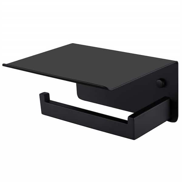 Cubilan Wall Mounted Single Post Stainless Steel Toilet Paper Holder with Storage Shelf in Black