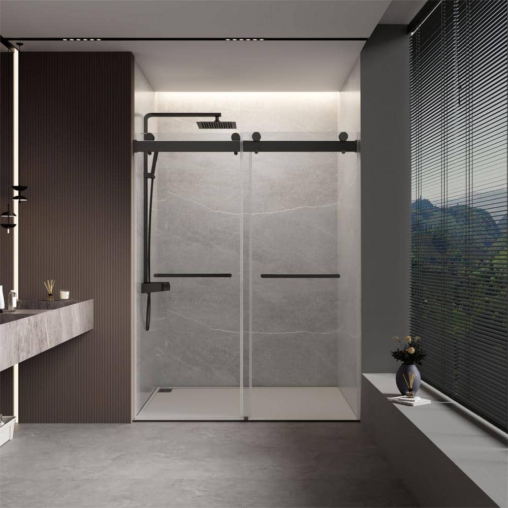 Matte Black 60" Frameless Sliding Shower Door with Tempered Glass