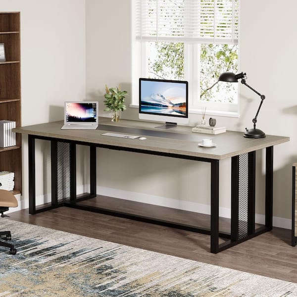 TRIBESIGNS WAY TO ORIGIN Halseey 77 in. Rectangular Gray Wood Metal Modern Executive Desk, Large Office Desk Computer Desk Workstation