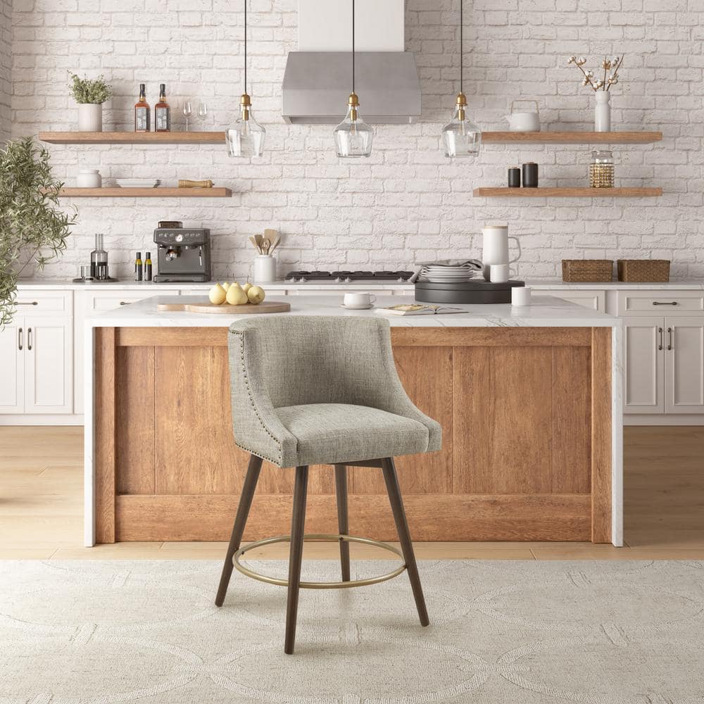 Grey Multi Tweed Swivel Counter Stool with Walnut Wood Legs