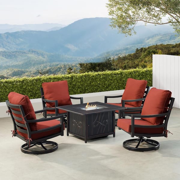 Oakland Living Black 6-Piece Aluminum Patio Fire Pit with 4-Club Chairs Red Cushions