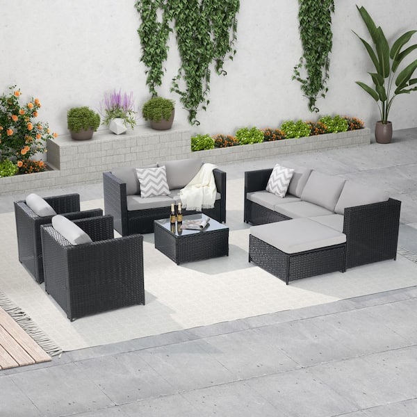 Unbranded Black 6-Piece Wicker Patio Conversation Set Furniture Sofa Set with Table and Light Gray Cushions
