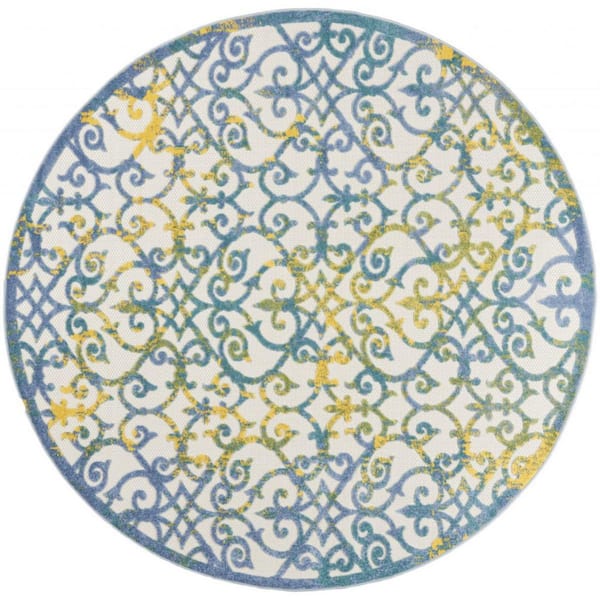 Ivory, Blue 8 ft. x 8 ft. Woven Polypropylene  Indoor/Outdoor Area Rug