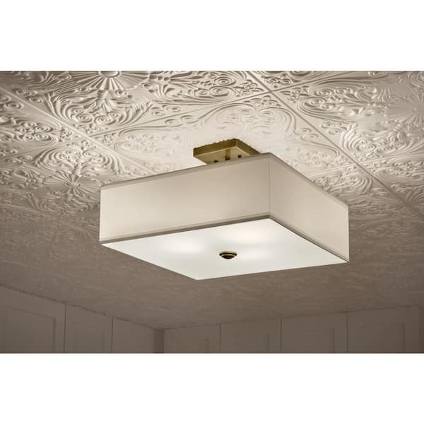 KICHLER Shailene 14 in. 3-Light Natural Brass Square Hallway Transitional Semi-Flush Mount Ceiling Light with Microfiber Shade