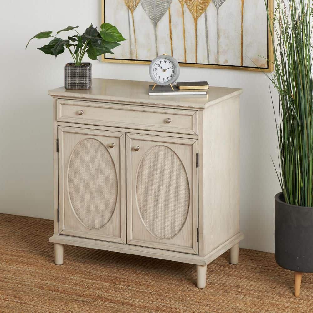 Light Gray Wooden 35 in. Washed Oval Rattan Front 2 Door and 1 Drawer Geometric Cabinet with Round Silver Knobs