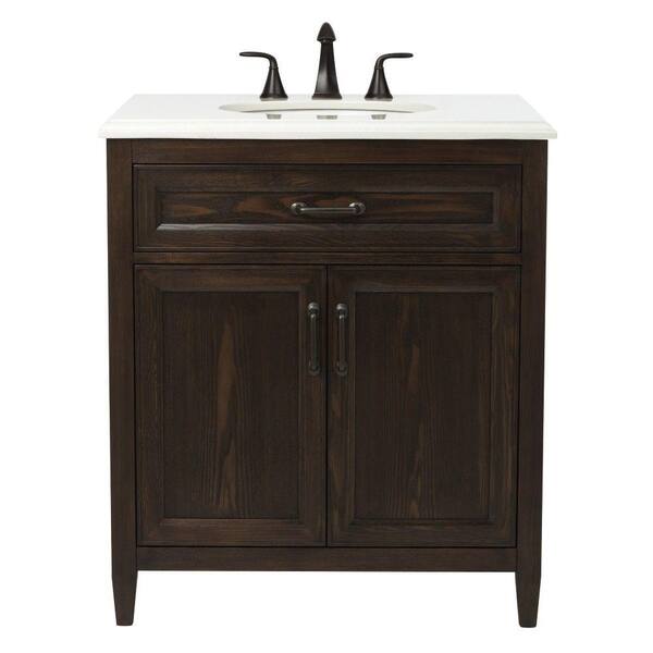 Home Decorators Collection Walden 31 in. W Vanity in Mocha with Engineered Stone Vanity Top in Crystal White with White Sink
