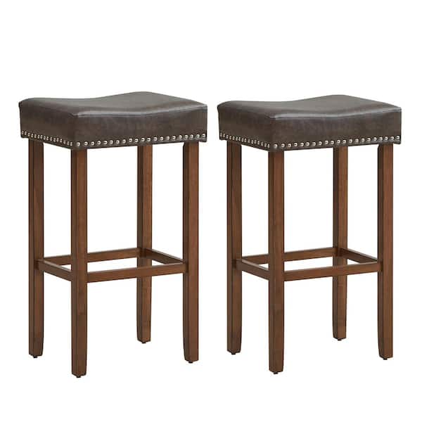 Costway 29.5 in. Gray Backless Wood Bar Stool with PU Seat Set of 2