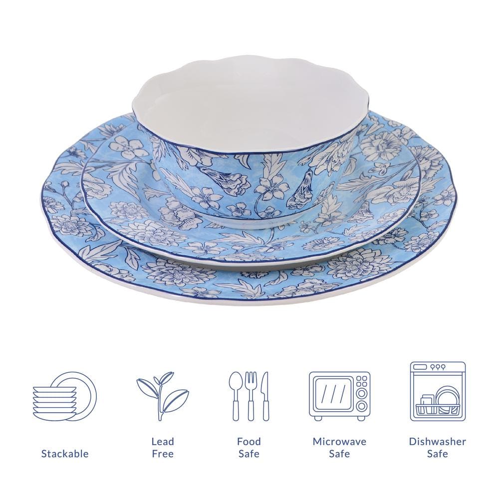 Cleremont Blue Floral Porcelain 12-Piece Dinnerware Set