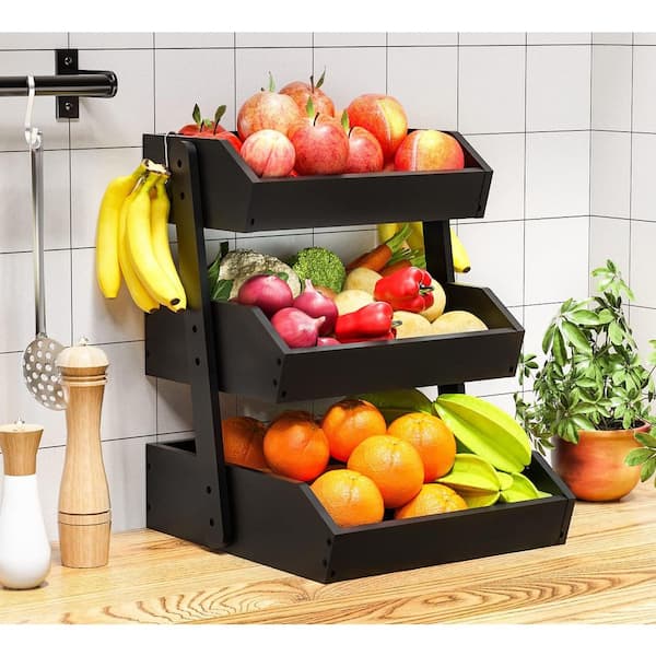 1 Piece Black 3 Tier Bamboo Fruit Basket with 2 Banana Hooks, Strong and Long-Lasting, Simple and Stylish Appearance