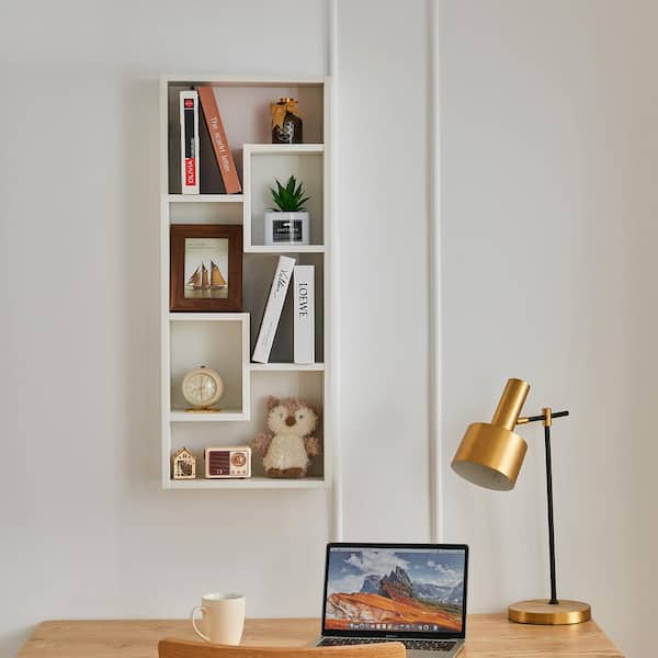 FUNKOL White Wall Mounted Freestanding Wooden Bookshelf 5-Cubes and 2-Locking Hole Hangers (36.20 in. x 14.20 in. x 5.7 in. )