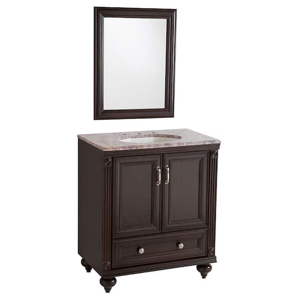 Home Decorators Collection La 30 in. W x 19 in. D x 35 in. H Single Sink Bath Vanity in Chocolate with Cold Fusion Cast polymers Top and Mirror