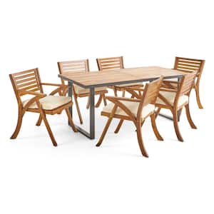 Lovell Teak Brown 7-Piece Wood Outdoor Dining Set with Cream Cushions