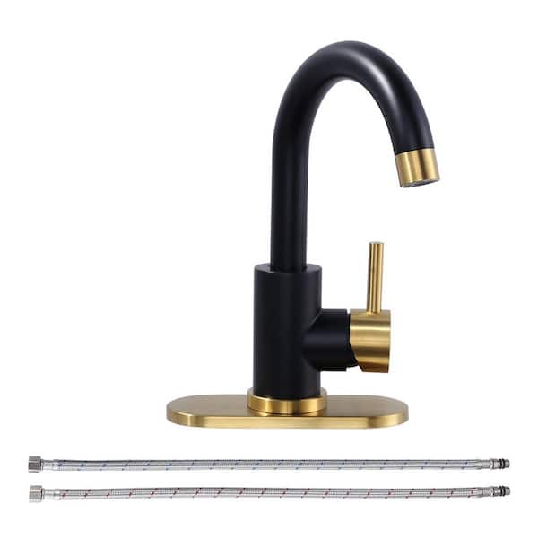 Single Hole Single Handle Stainless Steel Bar Faucet with Swivel Spout and Deckplate in Black and Gold