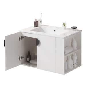 30 in. W x 19 in. D x 20 in. H Wall Mount Bathroom Vanity with  Single Sink and White Ceramic Top 2-Doors,White